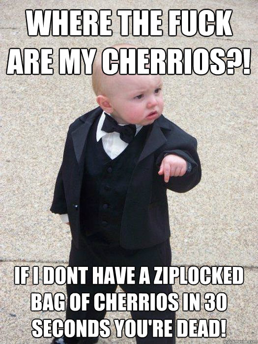 WHere the fuck are my cherrios?! If I dont have a ziplocked bag of cherrios in 30 seconds you're dead!  Baby Godfather