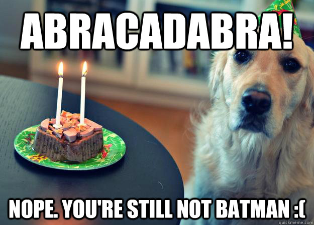 Abracadabra! Nope. YOU'RE STILL NOT BATMAN :(  Sad Birthday Dog