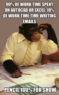 90% of work time spent on autocad or excel, 10% of work time time writing emails  Pencil 100% for show - 90% of work time spent on autocad or excel, 10% of work time time writing emails  Pencil 100% for show  Engineer Monkey