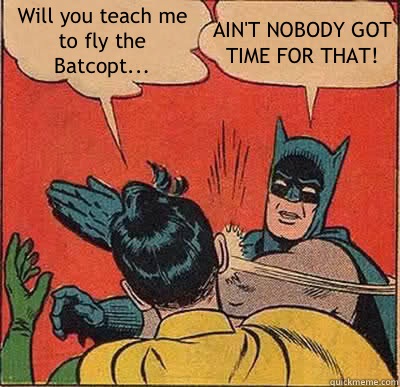 Will you teach me to fly the Batcopt... AIN'T NOBODY GOT TIME FOR THAT!  Batman Slapping Robin