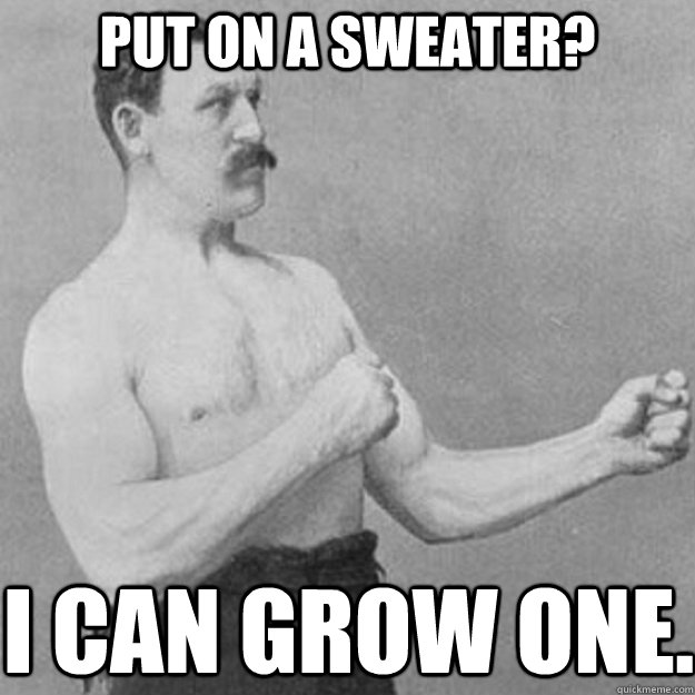 Put on a sweater? I can grow one.  overly manly man