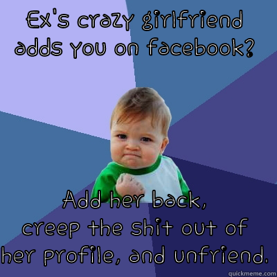 EX'S CRAZY GIRLFRIEND ADDS YOU ON FACEBOOK? ADD HER BACK, CREEP THE SHIT OUT OF HER PROFILE, AND UNFRIEND. Success Kid