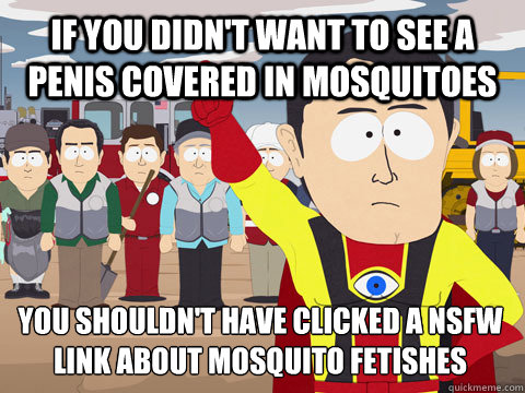 If you didn't want to see a penis covered in mosquitoes you shouldn't have clicked a NSFW link about mosquito fetishes  Captain Hindsight