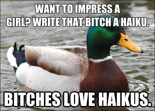 Want to impress a
girl? Write that bitch a haiku. Bitches love haikus.  Actual Advice Mallard