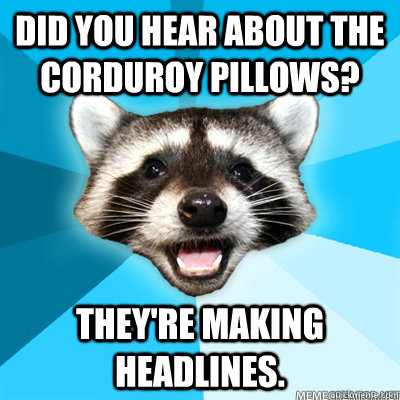 Did you hear about the corduroy pillows? They're making headlines.  - Did you hear about the corduroy pillows? They're making headlines.   Lame Pun Raccoon
