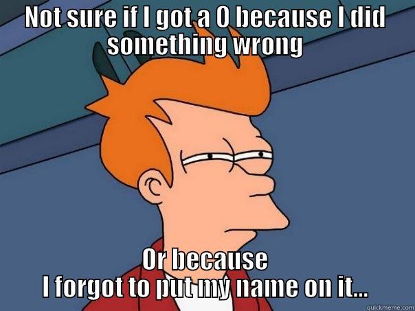NOT SURE IF I GOT A 0 BECAUSE I DID SOMETHING WRONG OR BECAUSE I FORGOT TO PUT MY NAME ON IT... Futurama Fry