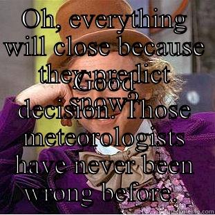 OH, EVERYTHING WILL CLOSE BECAUSE THEY PREDICT SNOW? GOOD DECISION. THOSE METEOROLOGISTS HAVE NEVER BEEN WRONG BEFORE.  Condescending Wonka