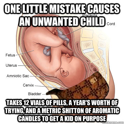 One little mistake causes an unwanted child Takes 12 vials of pills, a year's worth of trying, and a metric shitton of aromatic candles to get a kid on purpose  