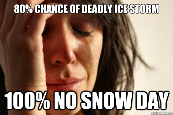 80% chance of deadly ice storm 100% no snow day  First World Problems