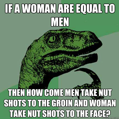 If a woman are equal to men then how come men take nut shots to the groin and woman take nut shots to the face?  - If a woman are equal to men then how come men take nut shots to the groin and woman take nut shots to the face?   Philosoraptor