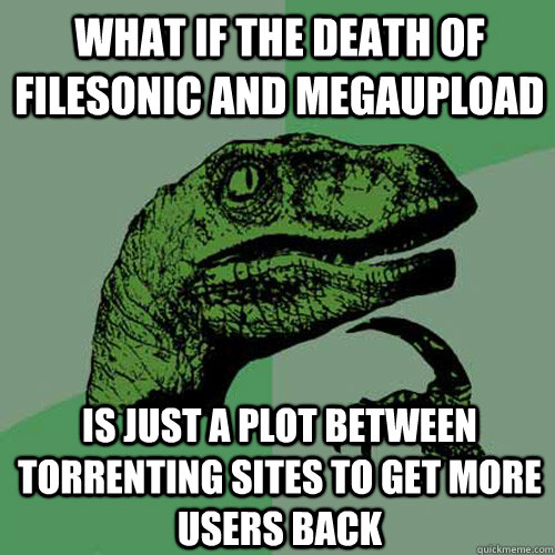 what if the death of filesonic and megaupload is just a plot between torrenting sites to get more users back - what if the death of filesonic and megaupload is just a plot between torrenting sites to get more users back  Philosoraptor