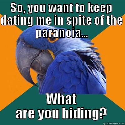 SO, YOU WANT TO KEEP DATING ME IN SPITE OF THE PARANOIA... WHAT ARE YOU HIDING? Paranoid Parrot