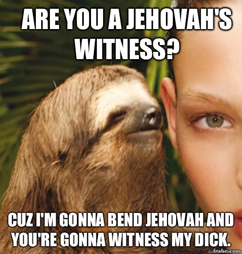 Are you a Jehovah's Witness? Cuz I'm gonna bend Jehovah and you're gonna witness my dick.  rape sloth
