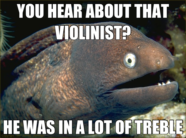 YOU HEAR ABOUT THAT VIOLINIST? HE WAS IN A LOT OF TREBLE  Bad Joke Eel