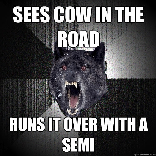 sees cow in the road runs it over with a semi
   Insanity Wolf