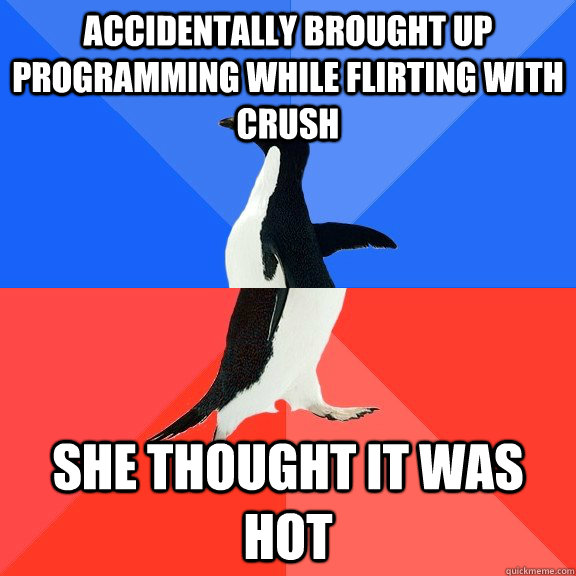 accidentally brought up programming while flirting with crush She thought it was hot - accidentally brought up programming while flirting with crush She thought it was hot  Socially Awkward Awesome Penguin