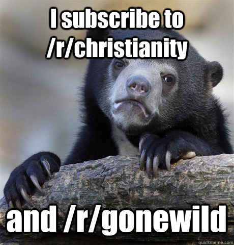 I subscribe to /r/christianity and /r/gonewild  Confession Bear