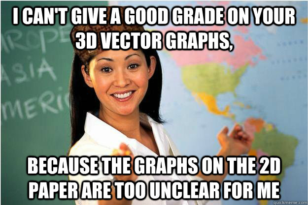 I can't give a good grade on your 3d vector graphs, because the graphs on the 2d paper are too unclear for me - I can't give a good grade on your 3d vector graphs, because the graphs on the 2d paper are too unclear for me  Scumbag Teacher
