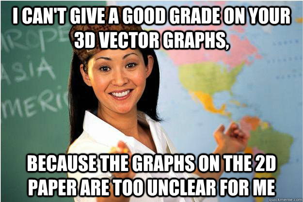 I can't give a good grade on your 3d vector graphs, because the graphs on the 2d paper are too unclear for me  Scumbag Teacher