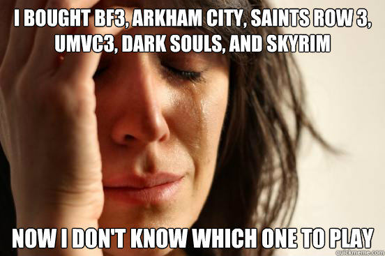 I bought BF3, arkham city, saints row 3, umvc3, dark souls, and skyrim now i don't know which one to play  First World Problems