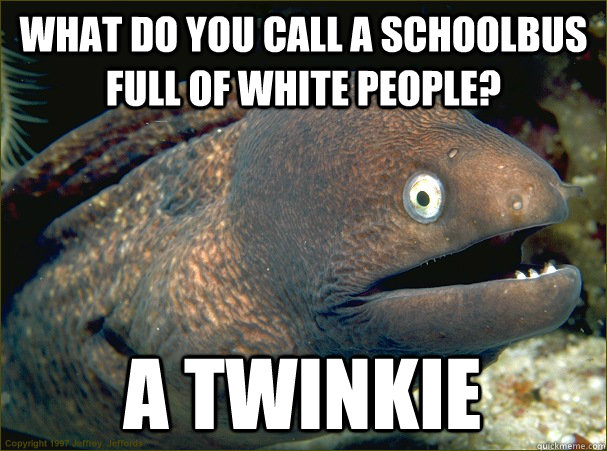 What do you call a schoolbus full of white people? A Twinkie - What do you call a schoolbus full of white people? A Twinkie  Bad Joke Eel