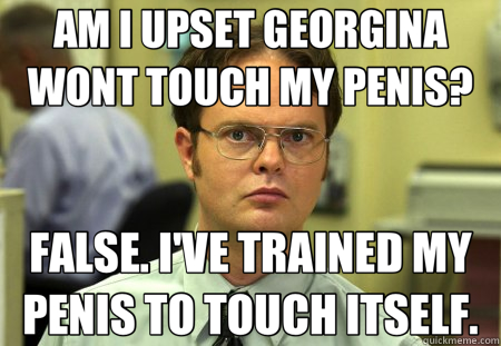 AM I UPSET GEORGINA WONT TOUCH MY PENIS? FALSE. I'VE TRAINED MY PENIS TO TOUCH ITSELF.  Schrute