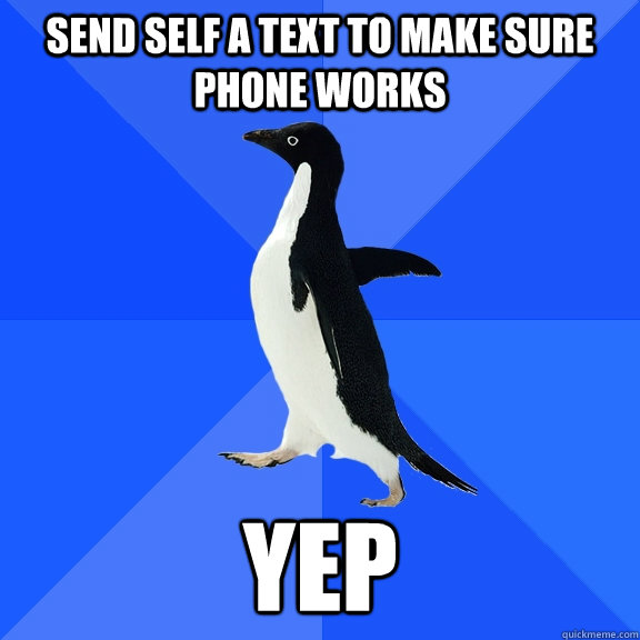 Send self a text to make sure phone works yep  Socially Awkward Penguin