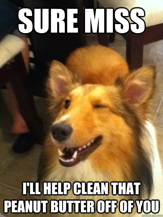 Sure miss I'll help clean that peanut butter off of you  implying dog