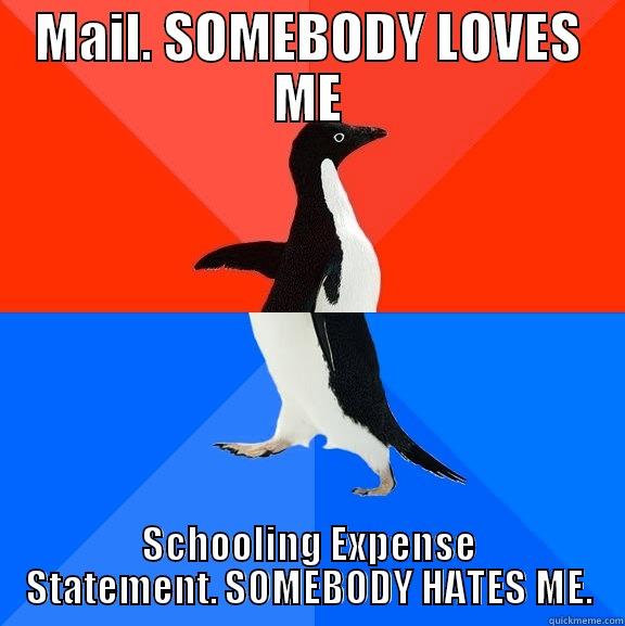 MAIL. SOMEBODY LOVES ME SCHOOLING EXPENSE STATEMENT. SOMEBODY HATES ME. Socially Awesome Awkward Penguin