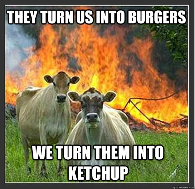 They turn us into burgers We turn them into ketchup  Evil cows