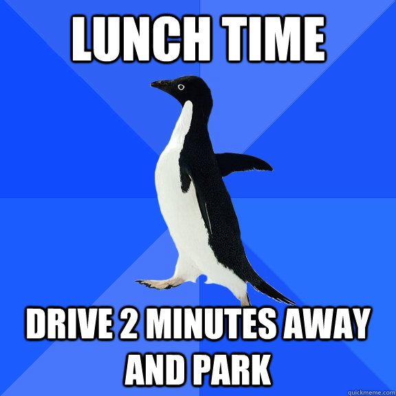 LUNCH TIME Drive 2 minutes away and park  Socially Awkward Penguin