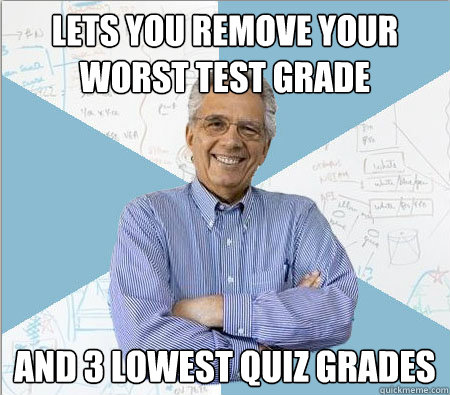 Lets you remove your worst test grade and 3 lowest quiz grades  Good guy professor