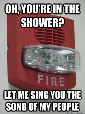 Oh, you're in the shower? LET ME SING YOU THE SONG OF MY PEOPLE  Fire alarm