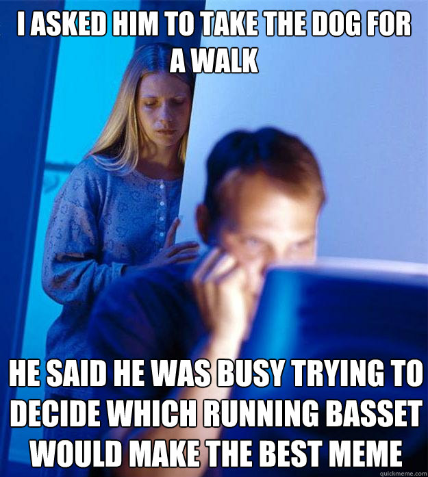 I asked him to take the dog for a walk He said he was busy trying to decide which running basset would make the best meme  Redditors Wife