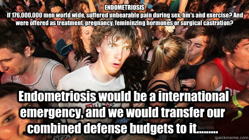 ENDOMETRIOSIS
 If 176,000,000 men world wide, suffered unbearable pain during sex, bm's and exercise? And were offered as treatment, pregnancy, femininzing hormones or surgical castration?  Endometriosis would be a international emergency, and we would tr - ENDOMETRIOSIS
 If 176,000,000 men world wide, suffered unbearable pain during sex, bm's and exercise? And were offered as treatment, pregnancy, femininzing hormones or surgical castration?  Endometriosis would be a international emergency, and we would tr  Sudden Clarity Clarence