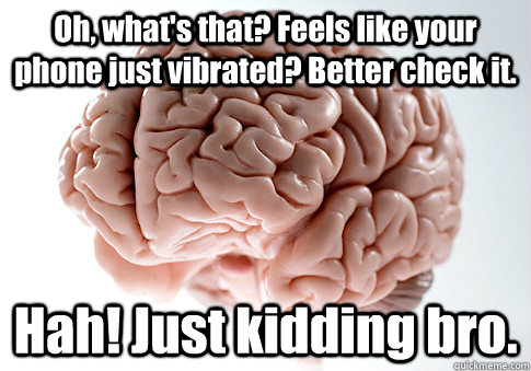 Oh, what's that? Feels like your phone just vibrated? Better check it. Hah! Just kidding bro.  - Oh, what's that? Feels like your phone just vibrated? Better check it. Hah! Just kidding bro.   Scumbag Brain