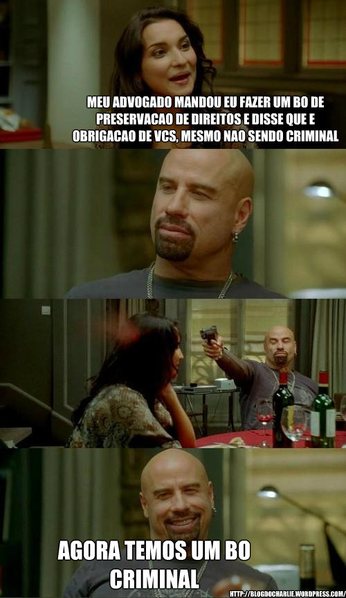 Meu Advogado mandou eu fazer um BO de preservacao de direitos e disse que e obrigacao de vcs, mesmo nao sendo criminal Agora temos um BO CRIMINAL http://blogdocharlie.wordpress.com/  Skinhead John