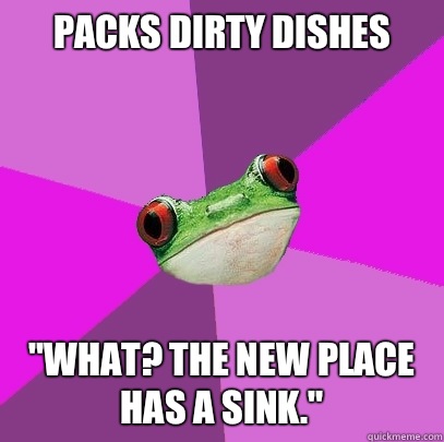 Packs dirty dishes  