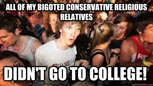 All of my bigoted conservative religious relatives  didn't go to college!  Sudden Clarity Clarence