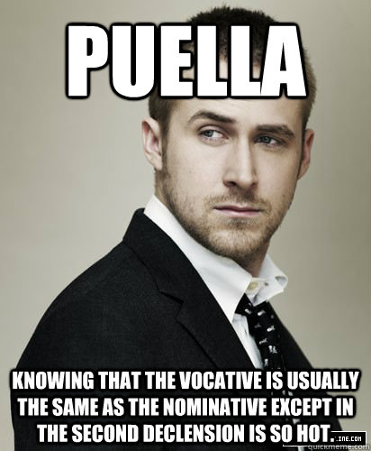 Puella Knowing that the vocative is usually the same as the nominative except in the second declension is so hot. - Puella Knowing that the vocative is usually the same as the nominative except in the second declension is so hot.  hey girl come home