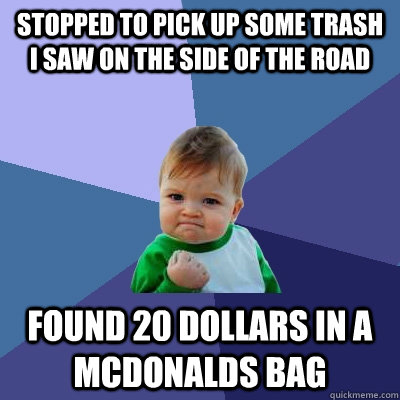 stopped to pick up some trash i saw on the side of the road found 20 dollars in a mcdonalds bag  Success Kid