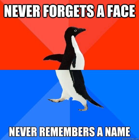 Never forgets a face Never remembers a name  Socially Awesome Awkward Penguin