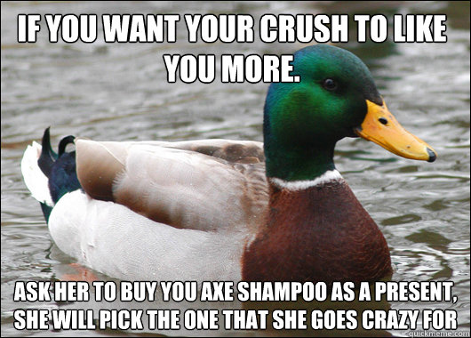 if you want your crush to like you more. ask her to buy you axe shampoo as a present, she will pick the one that she goes crazy for  Actual Advice Mallard