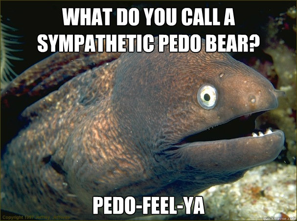 What do you call a sympathetic pedo bear? pedo-feel-ya  Bad Joke Eel