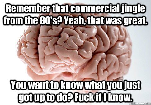 Remember that commercial jingle from the 80's? Yeah, that was great. You want to know what you just got up to do? Fuck if I know.   Scumbag Brain