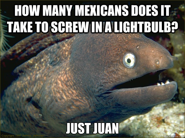 How many Mexicans does it take to screw in a lightbulb? Just Juan - How many Mexicans does it take to screw in a lightbulb? Just Juan  Bad Joke Eel