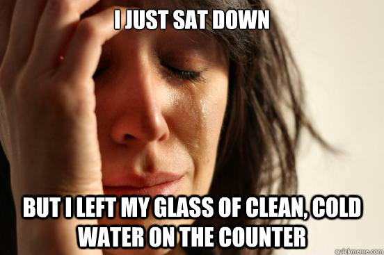 I just sat down But i left my glass of clean, cold water on the counter  First World Problems
