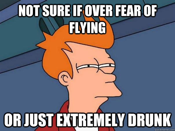 Not sure if over fear of flying Or just extremely drunk  Futurama Fry