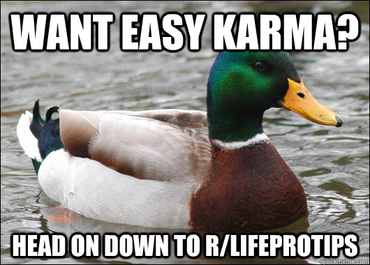 Want easy karma? Head on down to r/lifeprotips  Actual Advice Mallard