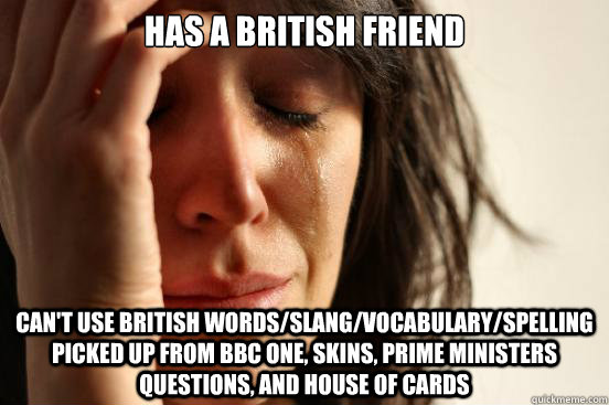 Has a british friend CAN'T USE BRITISH WORDS/SLANG/VOCABULARY/SPELLING PICKED UP FROM BBC ONE, SKINS, PRIME MINISTERS QUESTIONS, AND HOUSE OF CARDS  First World Problems